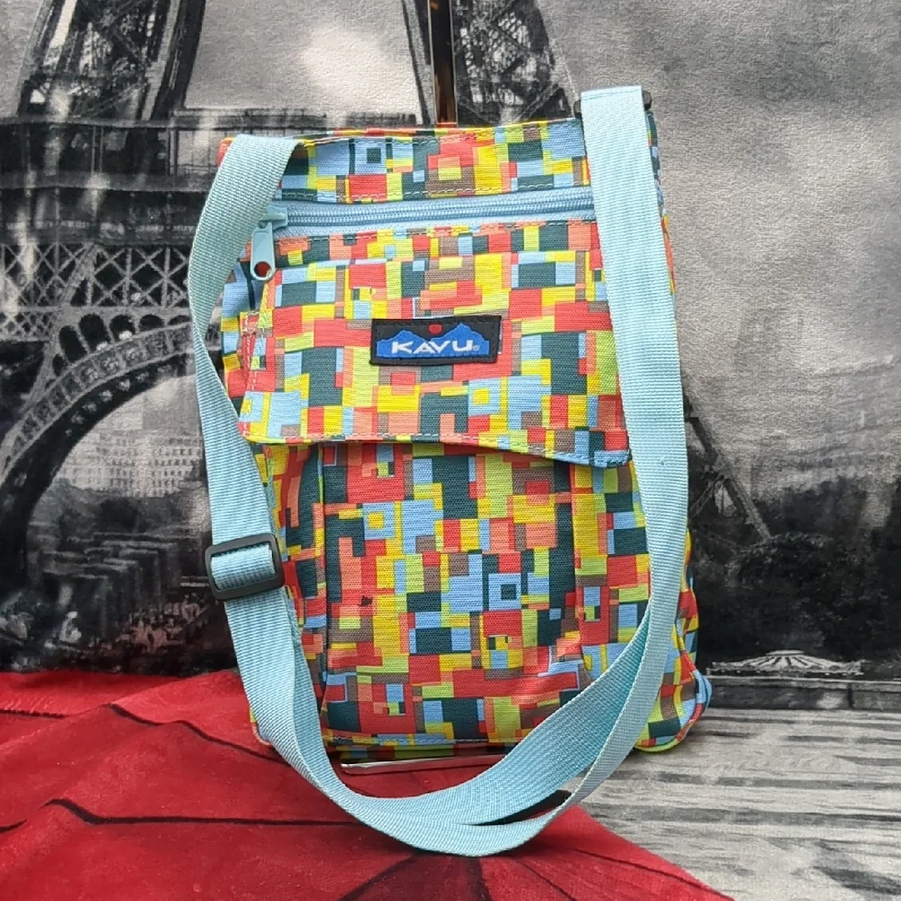Kavu Keeper Crossbody Bag Geometric Teal Yellow Red